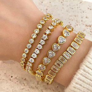 Heart Shaped Diamond Bezel Tennis Bracelet STEERLING STEEL 18K GOLD PLATED